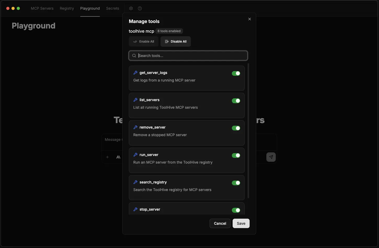 MCP tools management interface ToolHive playground tools management showing available MCP tools